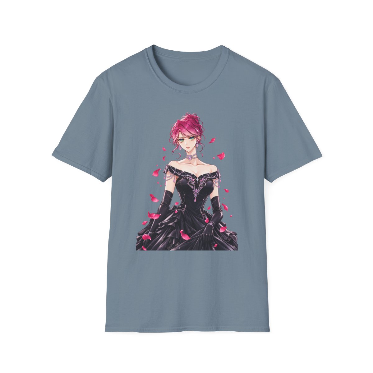 Pink-Haired Anime Woman in Black Ball Gown T-Shirt | Rose Petal Illustration | Villains Are Destined to Die Anime - alternate angle 5, merchandise