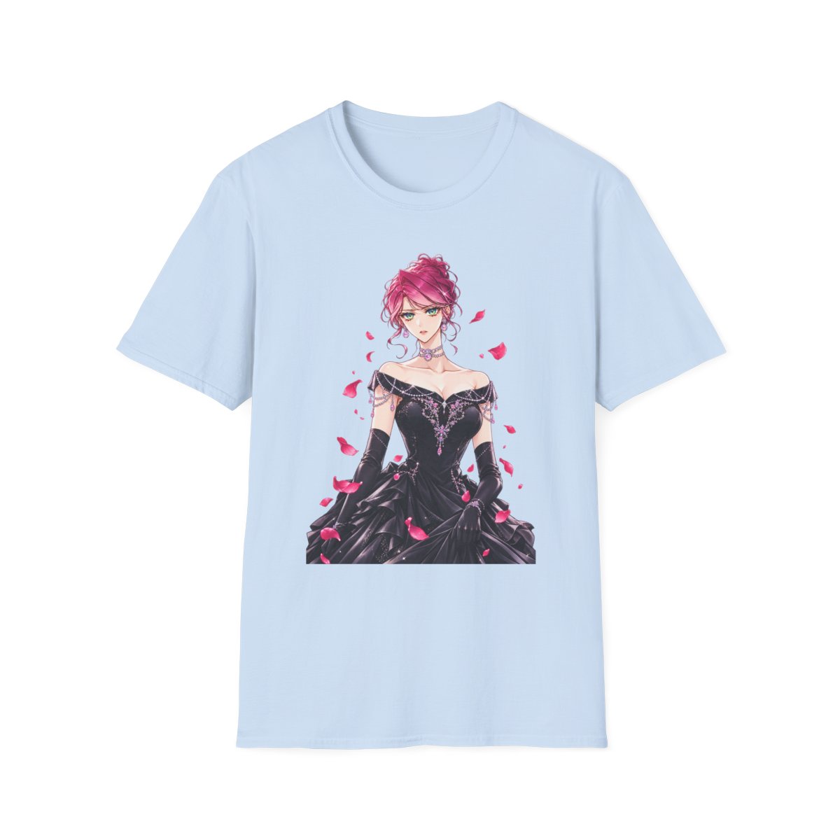 Pink-Haired Anime Woman in Black Ball Gown T-Shirt | Rose Petal Illustration | Villains Are Destined to Die Anime - alternate angle 3, merchandise