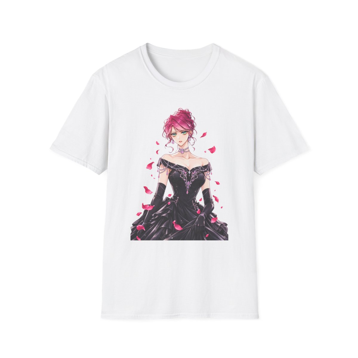 Pink-Haired Anime Woman in Black Ball Gown T-Shirt | Rose Petal Illustration | Villains Are Destined to Die Anime