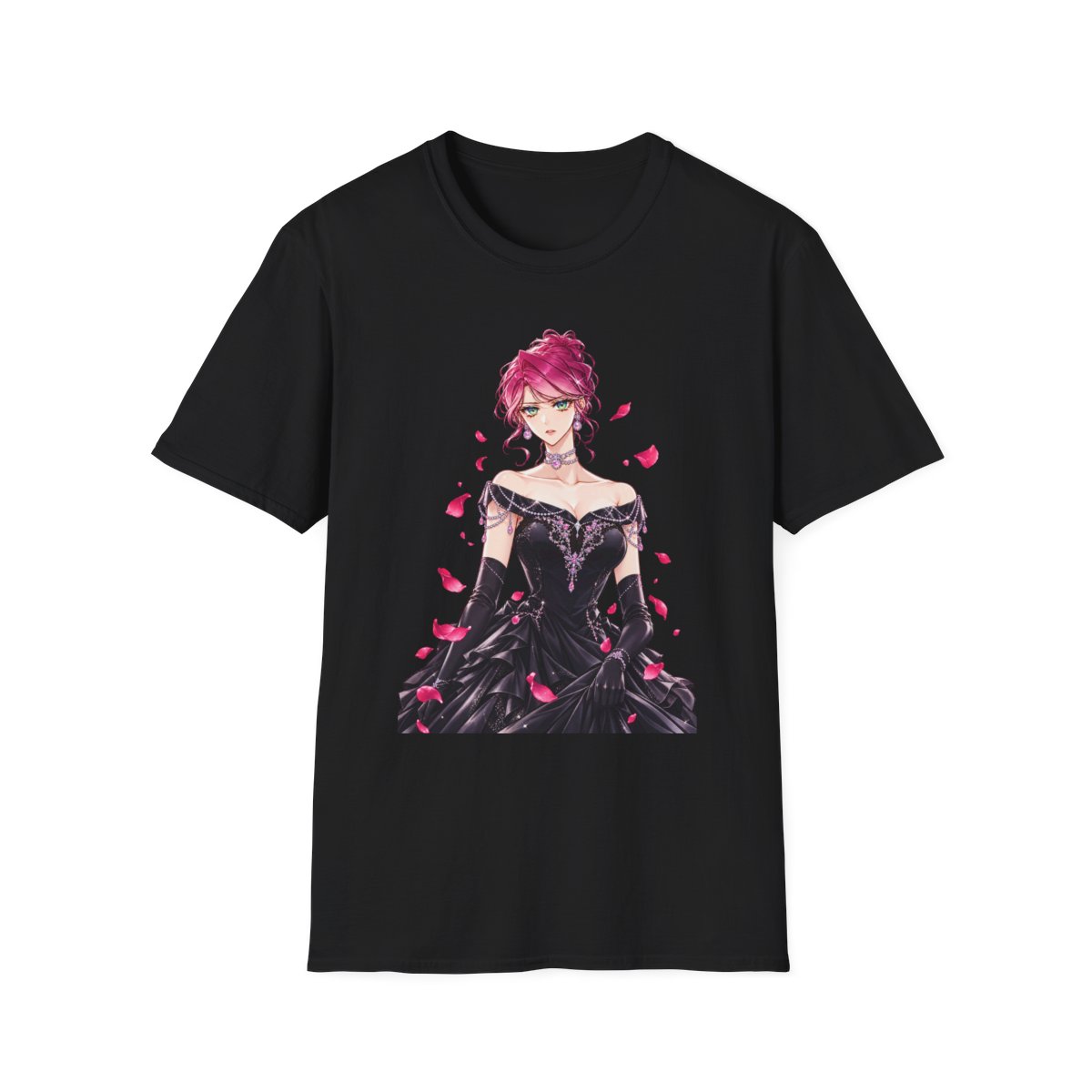 Pink-Haired Anime Woman in Black Ball Gown T-Shirt | Rose Petal Illustration | Villains Are Destined to Die Anime - alternate angle 2, merchandise