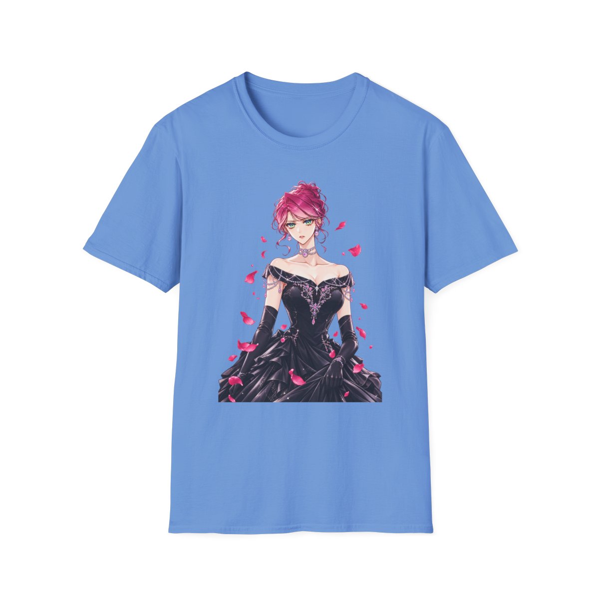 Pink-Haired Anime Woman in Black Ball Gown T-Shirt | Rose Petal Illustration | Villains Are Destined to Die Anime - alternate angle 4, merchandise
