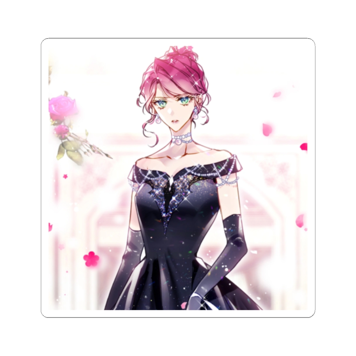 Rose-haired Anime Princess Kiss-Cut Sticker | Elegant Gown Illustration | Villains Are Destined to Die Anime - alternate angle 3, merchandise